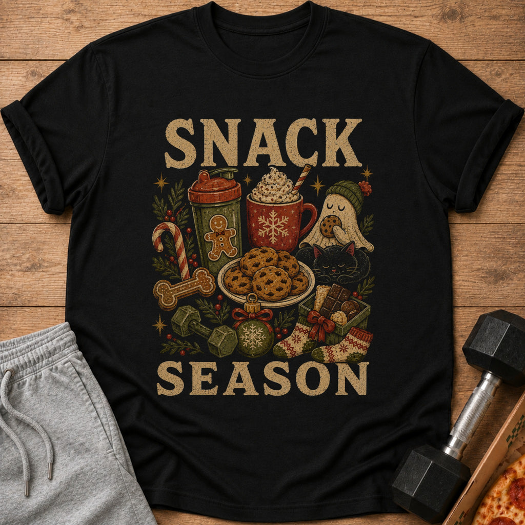 Black t-shirt with "SNACK SEASON" text and festive holiday and gym imagery.