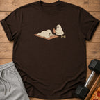 Brown t-shirt with graphic of two ghosts working out and a dumbbell
