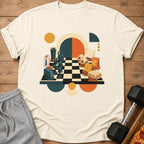 Chessboard with fitness items and relaxation objects, abstract shapes background.