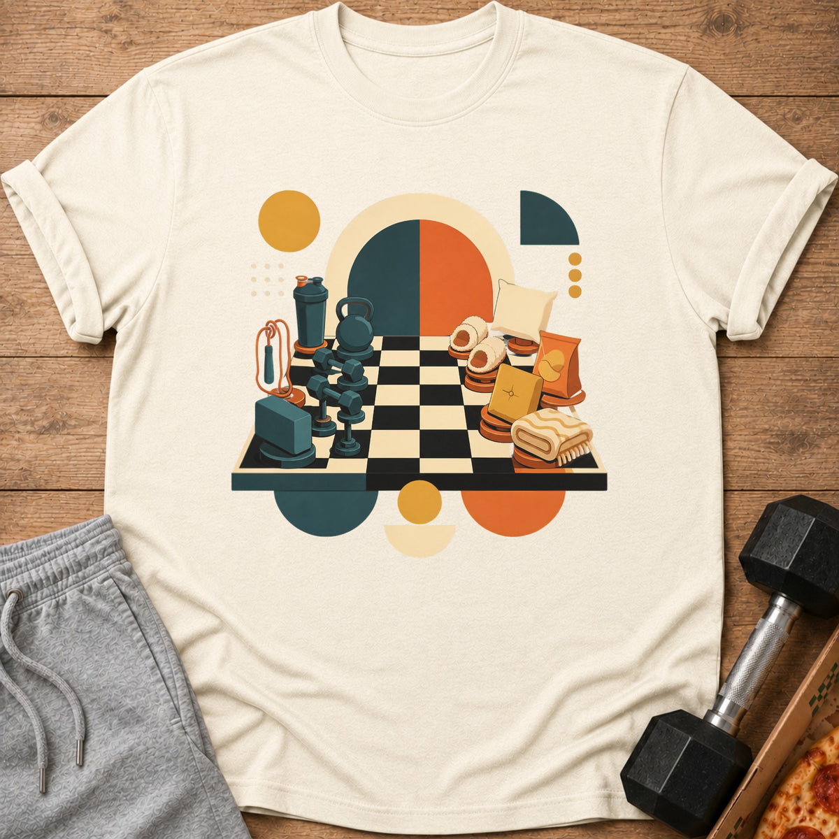 Chessboard with fitness items and relaxation objects, abstract shapes background.