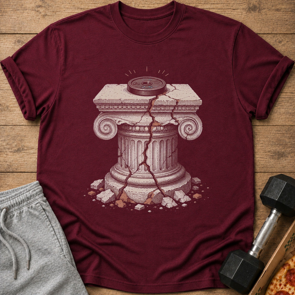 Maroon t-shirt with cracked column and weight plate graphic.