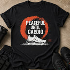 Black t-shirt with "PEACEFUL UNTIL CARDIO" text, running shoe, and red circle graphic.
