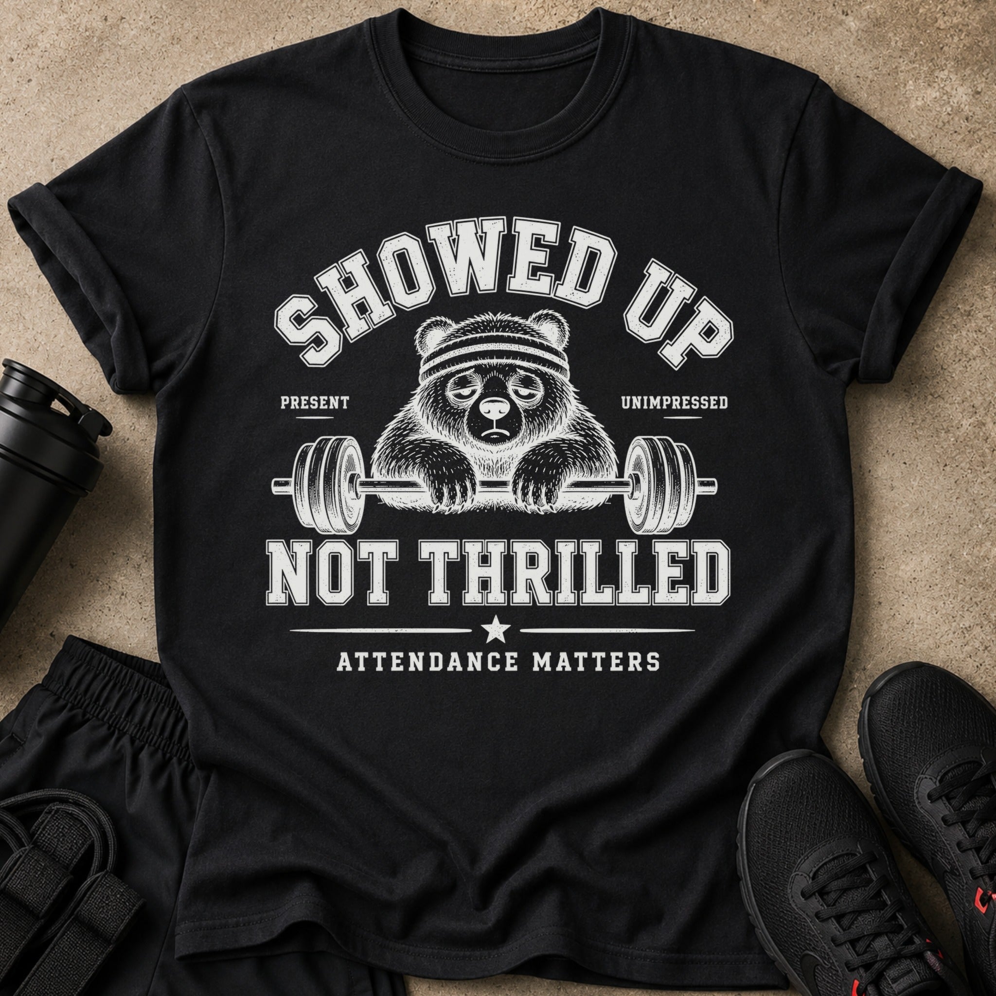 Black t-shirt with a bear lifting weights and text that reads "Showed up, not thrilled."