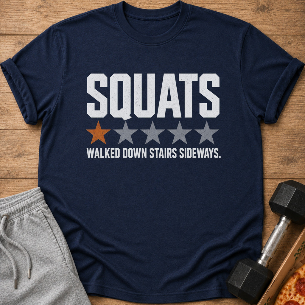 Navy t-shirt with "SQUATS" text and one orange star rating.