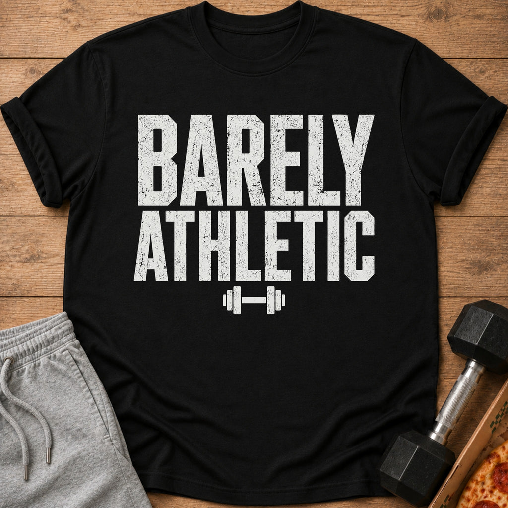 Black t-shirt with "BARELY ATHLETIC" text and dumbbell graphic.