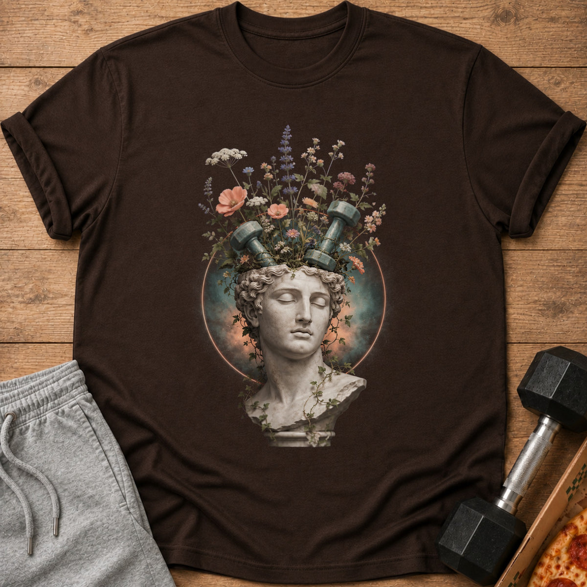 Brown t-shirt featuring a classical bust with dumbbells and flowers growing from its head.