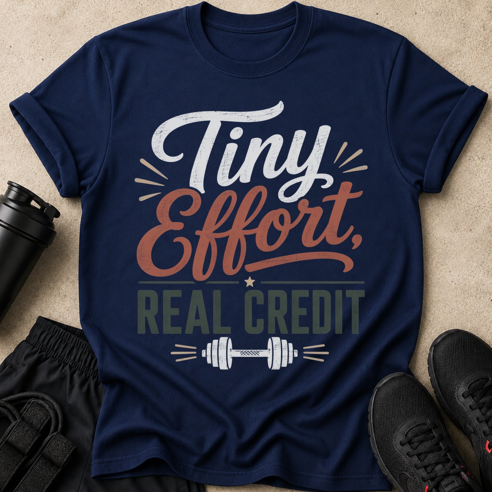 Navy t-shirt with "Tiny Effort, Real Credit" text and dumbbell graphic.