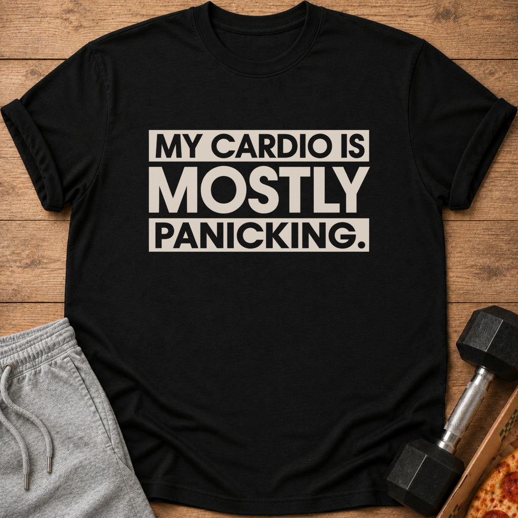 Black t-shirt with "MY CARDIO IS MOSTLY PANICKING" text, alongside sweatpants and a dumbbell.