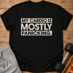 Black t-shirt with "MY CARDIO IS MOSTLY PANICKING" text, alongside sweatpants and a dumbbell.