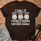 Brown t-shirt with "I call it strength training but mostly it's emotional damage" text and sad kettlebells.