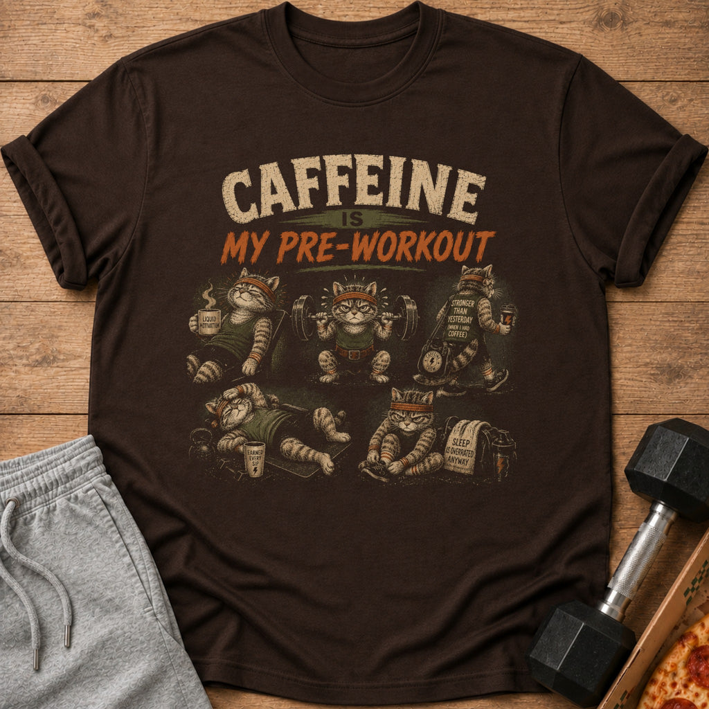 Brown t-shirt with "Caffeine is My Pre-Workout" and cats lifting weights.