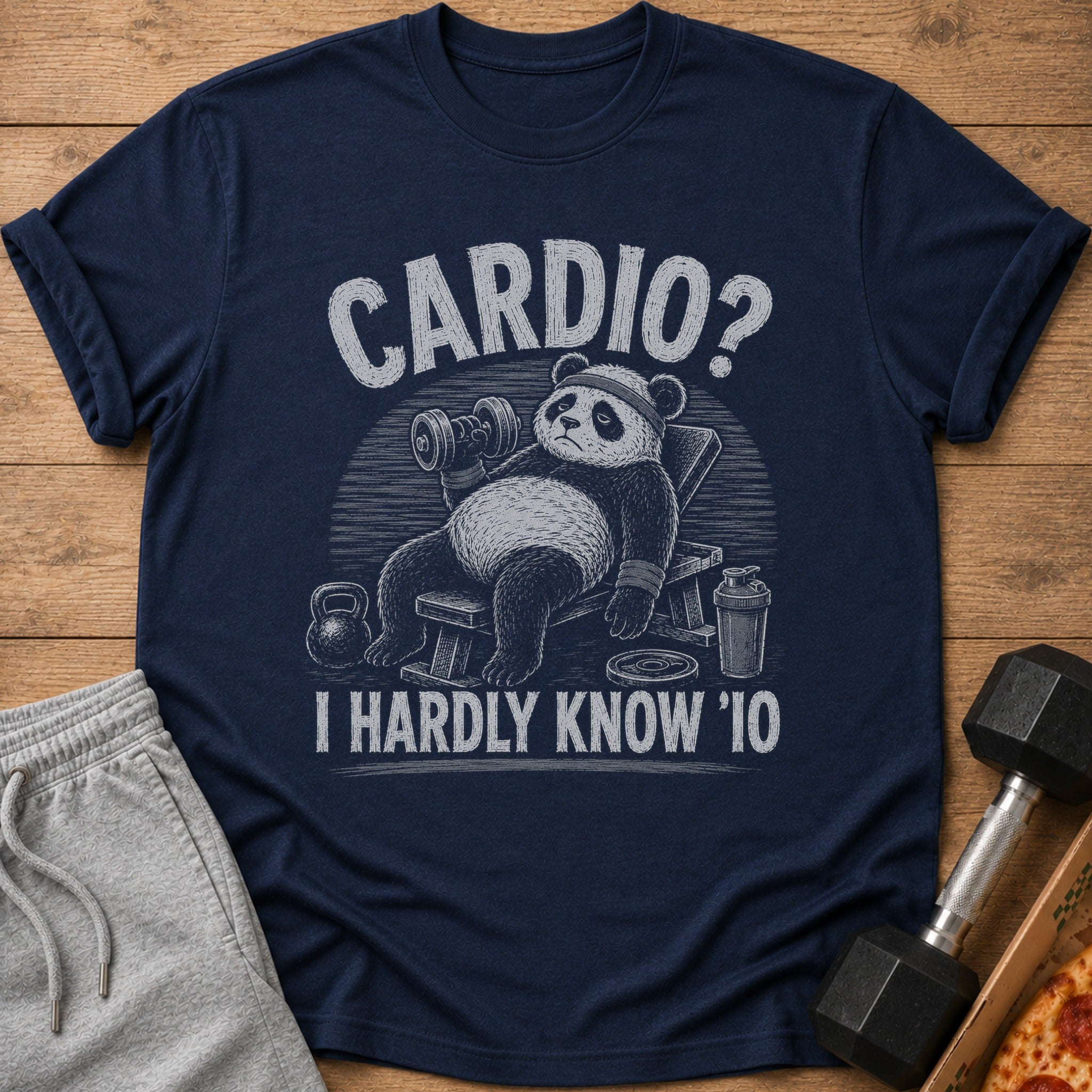 Navy t-shirt with panda on weight bench saying "Cardio? I hardly know '10".