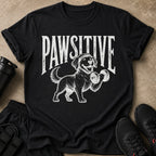 Black t-shirt with distressed white text "PAWSITIVE" and a dog lifting a dumbbell.