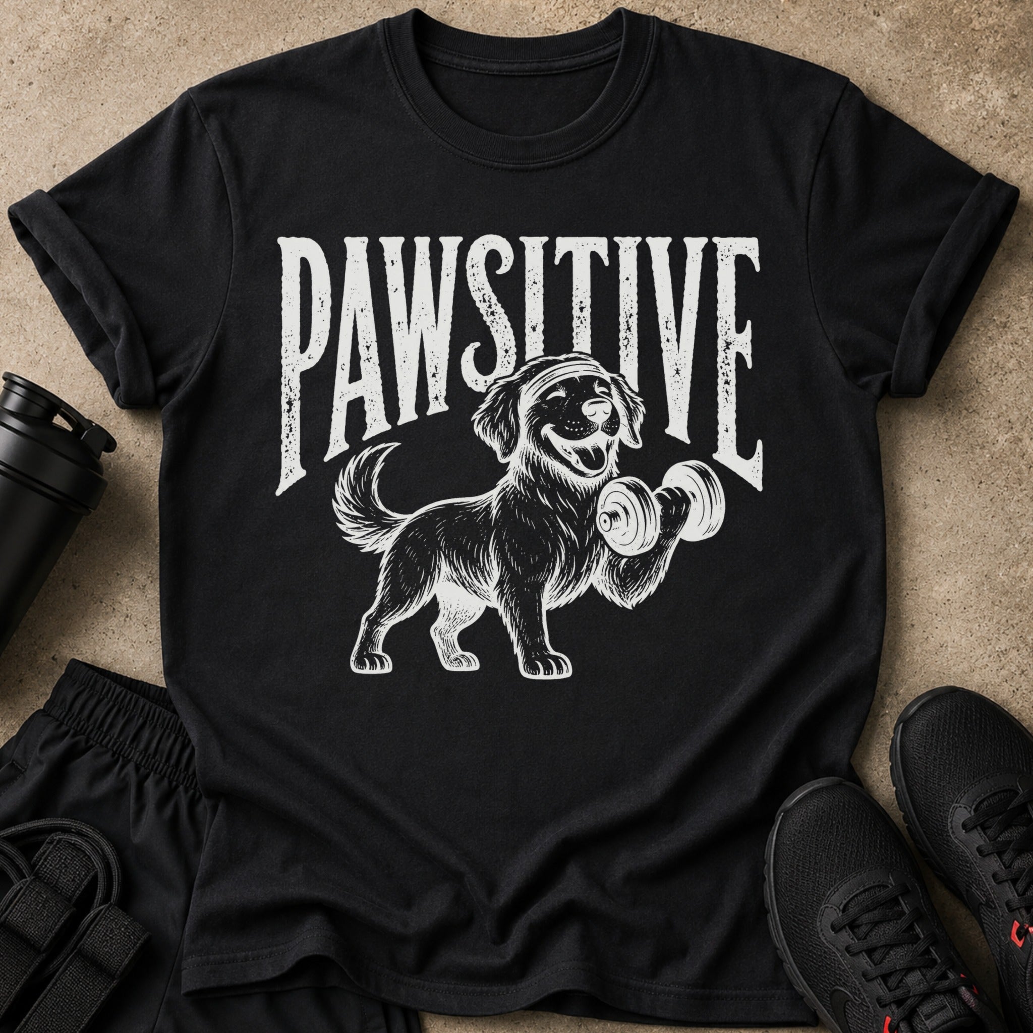 Black t-shirt with distressed white text "PAWSITIVE" and a dog lifting a dumbbell.