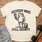 T-shirt with frog holding shaker, "Recovery Mode Still Grumpy" text, and weights.
