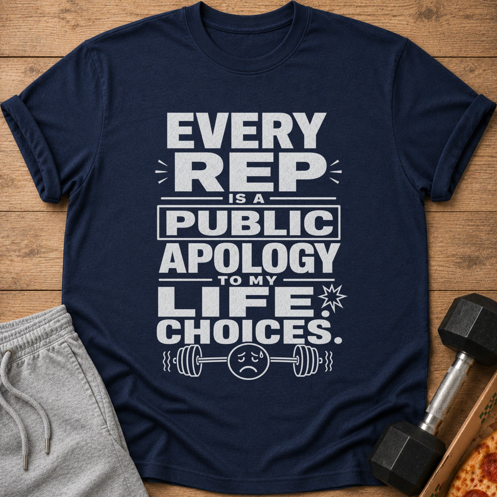Navy t-shirt with white text: "Every Rep Is A Public Apology To My Life Choices."
