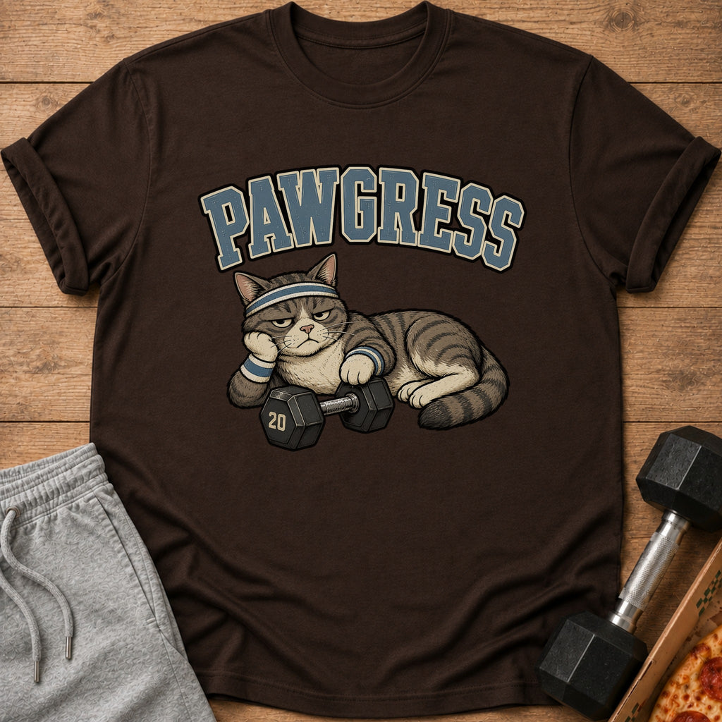 T-shirt with "PAWGRESS" text and a tired cat with a dumbbell.