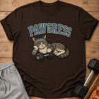 T-shirt with "PAWGRESS" text and a tired cat with a dumbbell.