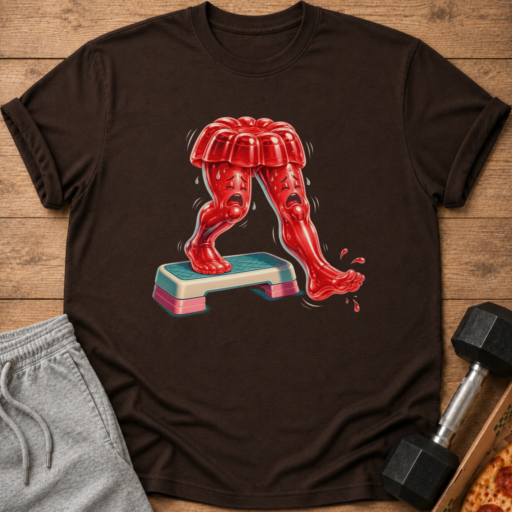 Red jelly legs with sad faces on a step aerobics platform.
