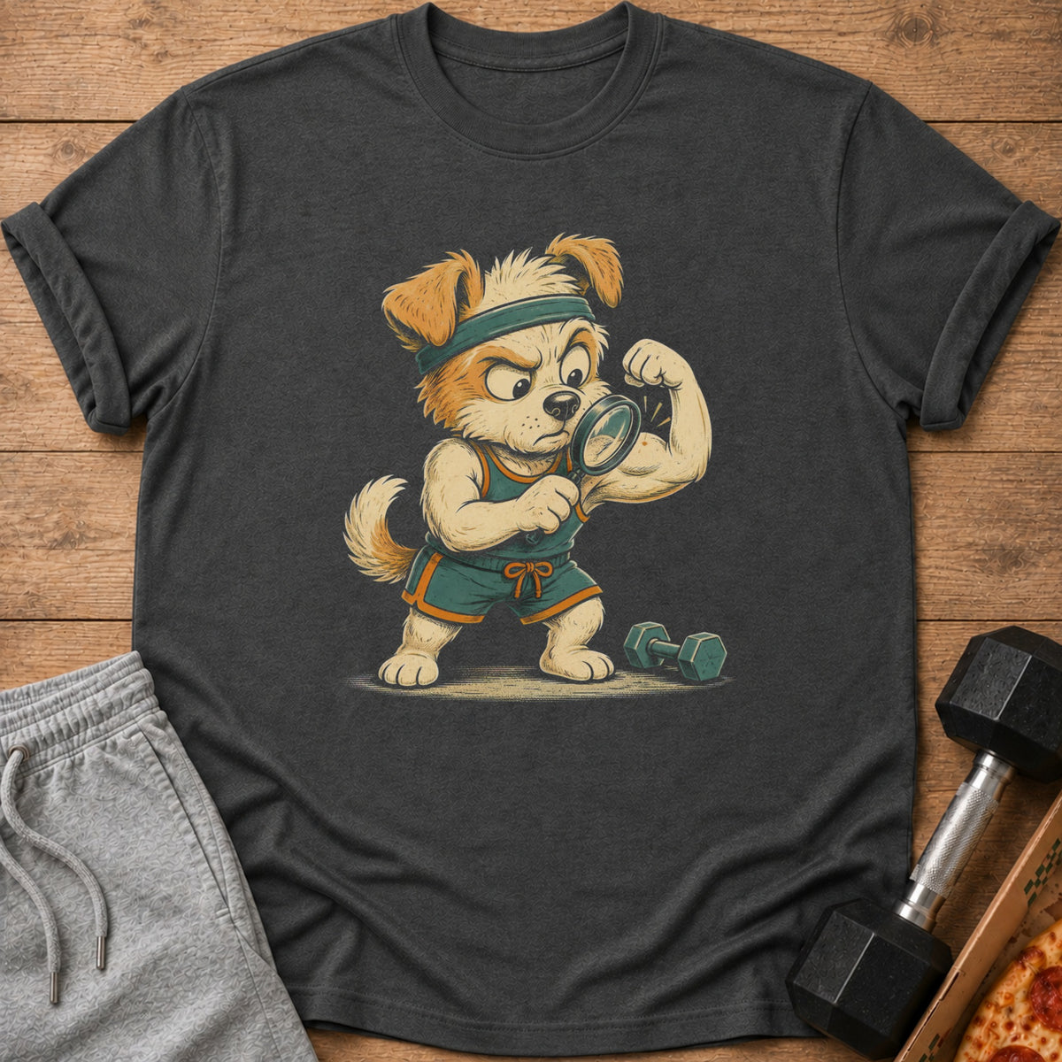 Cartoon dog in athletic wear inspects muscle with magnifying glass beside dumbbell.