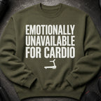 Olive green sweatshirt with "EMOTIONALLY UNAVAILABLE FOR CARDIO" text and a treadmill icon.