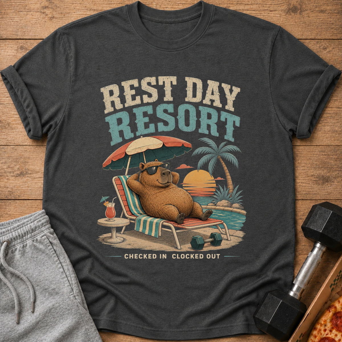 Dark grey t-shirt with "Rest Day Resort" text and a capybara relaxing by a pool at sunset.
