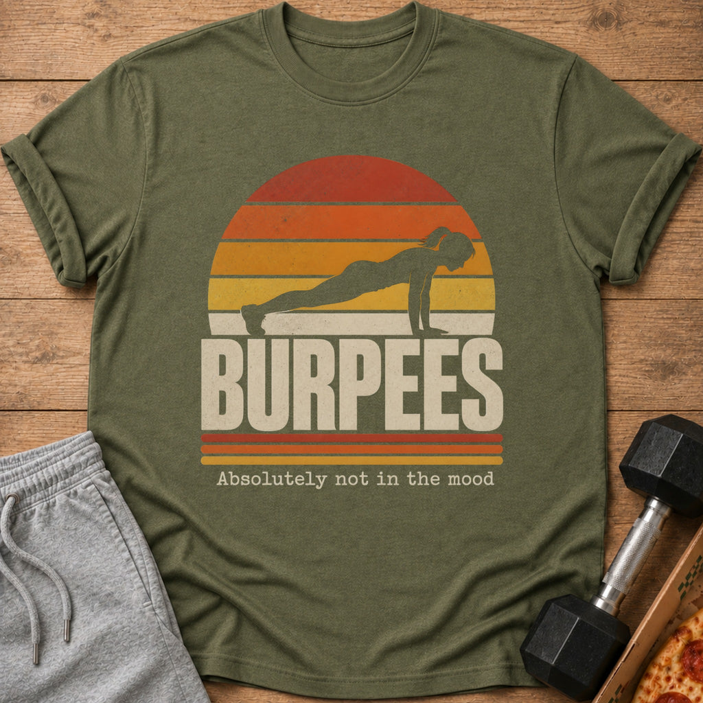 Olive green t-shirt with sunset graphic and "BURPEES" text.
