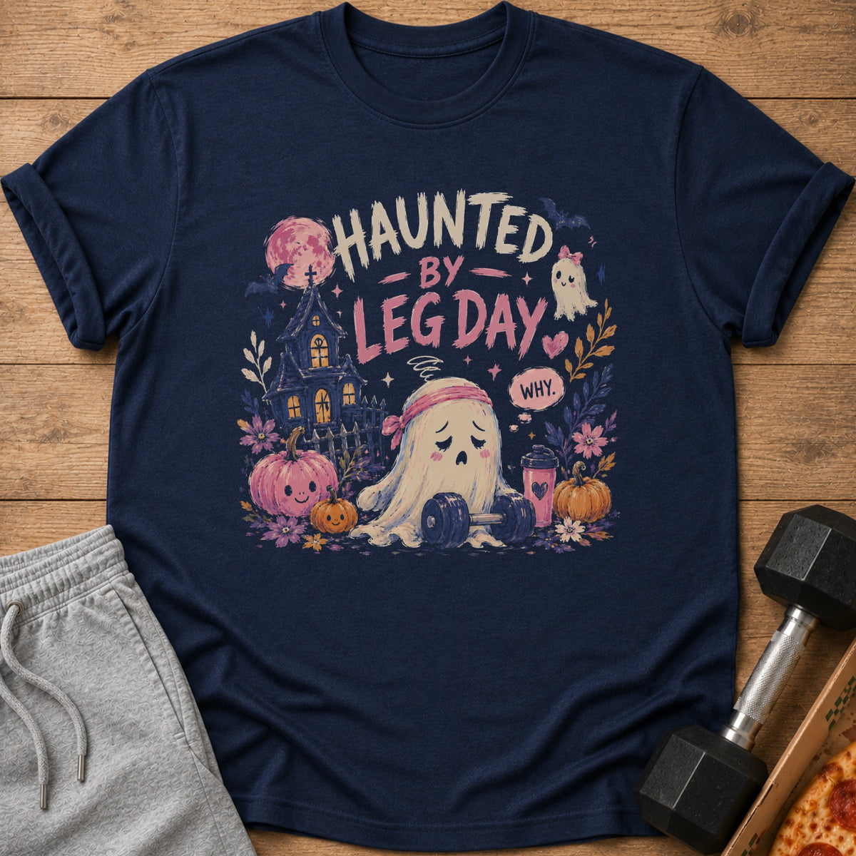 Navy t-shirt with "Haunted By Leg Day Why" text and a sad ghost with a barbell.