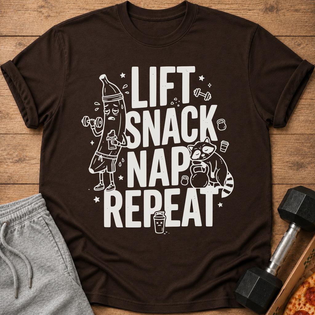 Brown t-shirt with white text "LIFT SNACK NAP REPEAT" and cartoon illustrations.