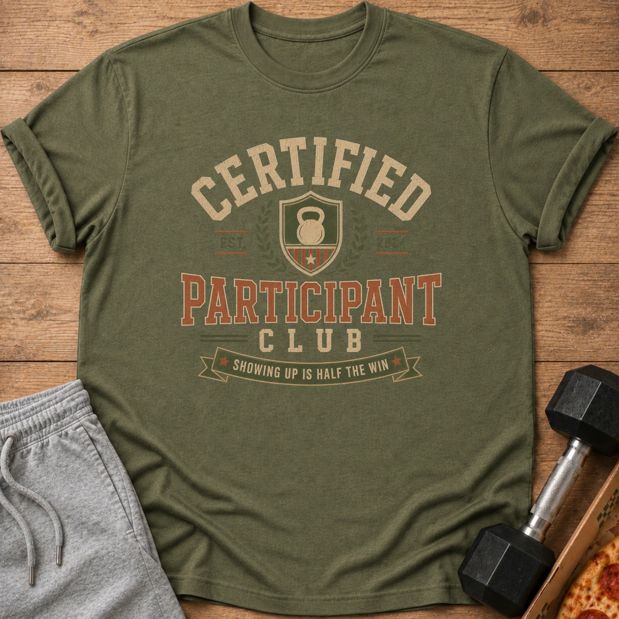 Olive green t-shirt with "Certified Participant Club" text, kettlebell graphic, and quote.
