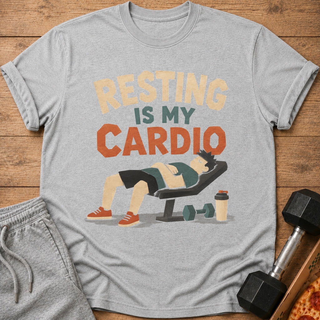 Grey t-shirt with "Resting is my Cardio" text and graphic of person on weight bench.