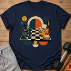 T-shirt with graphic of fitness items and comfort items on a chessboard.