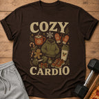 Brown t-shirt with "COZY CARDIO" text and holiday fitness graphics.