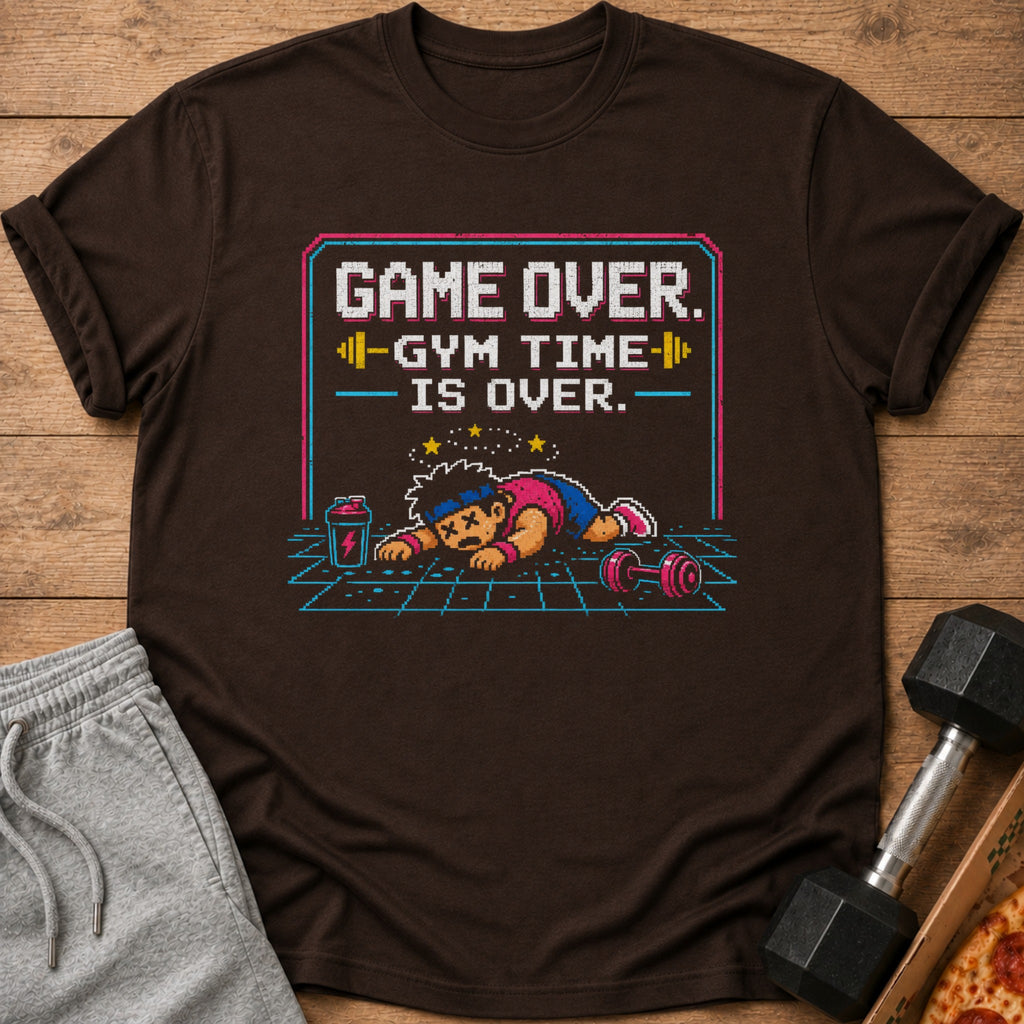 Brown t-shirt with pixel art graphic: "Game Over. Gym Time Is Over."
