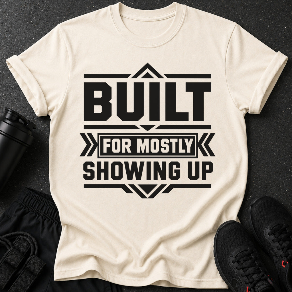 Cream t-shirt with black text "Built for mostly showing up"