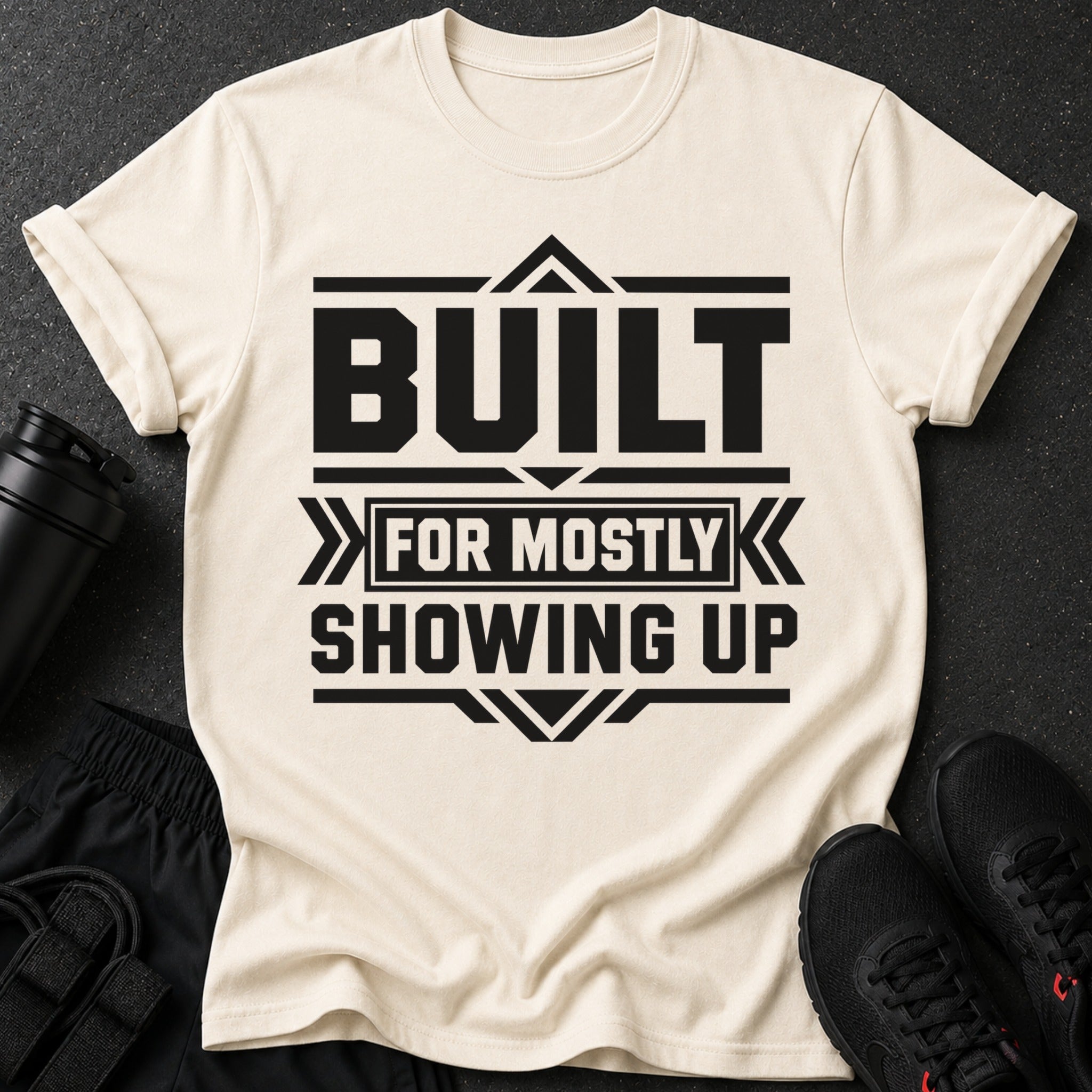 Cream t-shirt with black text "Built for mostly showing up"