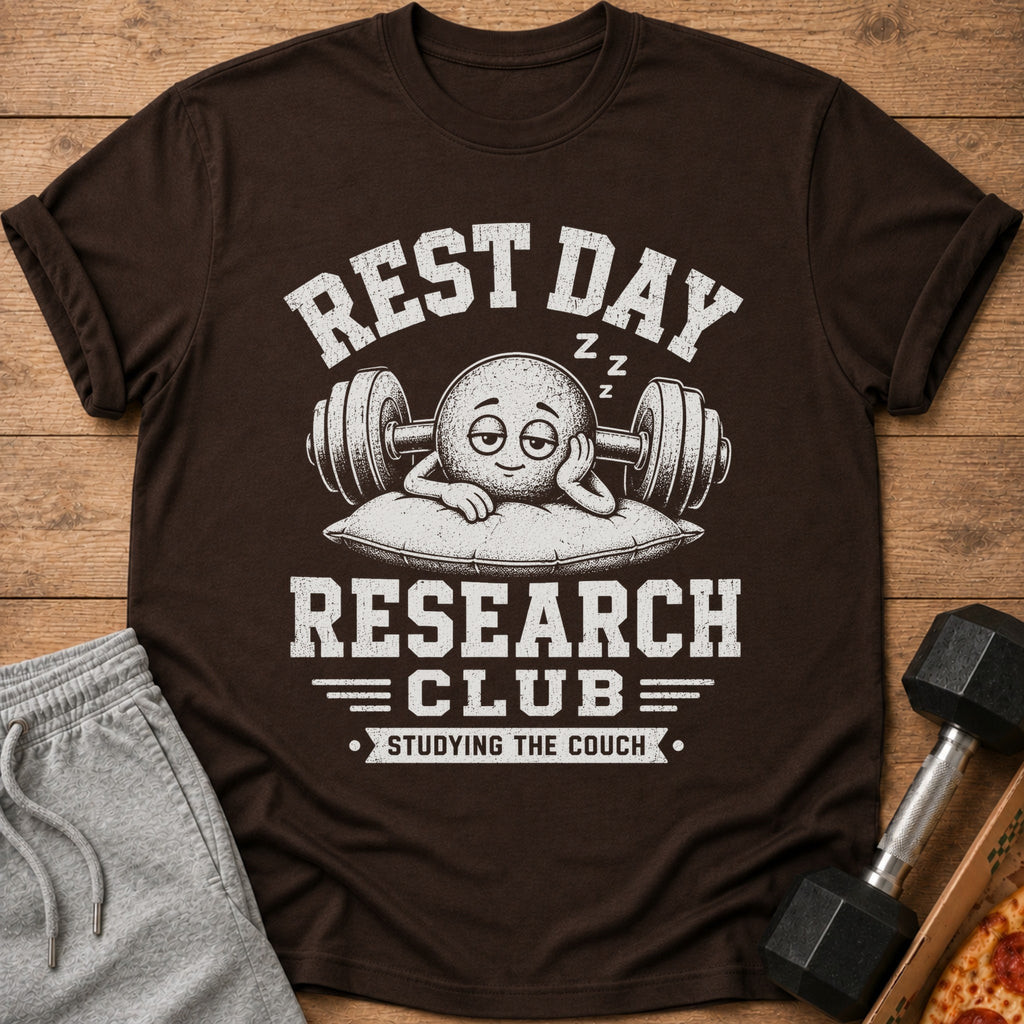 Brown t-shirt with "Rest Day Research Club Studying the Couch" text and sleeping emoji.
