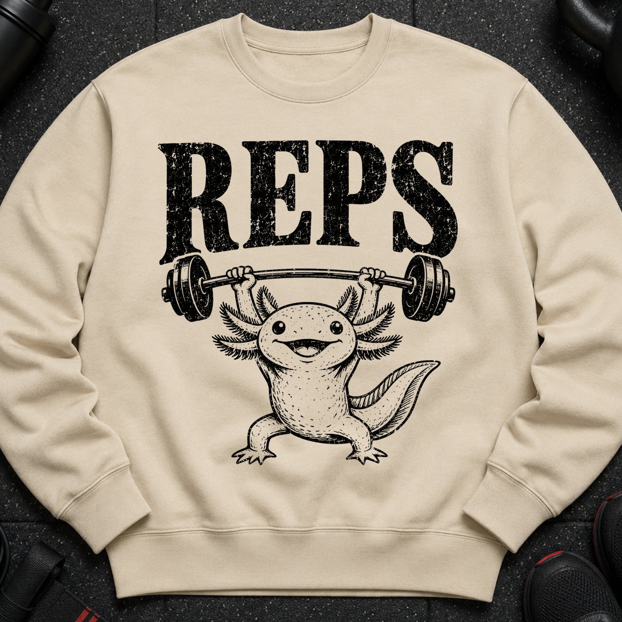 Axolotl lifting barbell with text REPS printed on a beige sweatshirt.