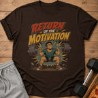 T-shirt with "Return of the Motivation" text and weightlifter graphic.