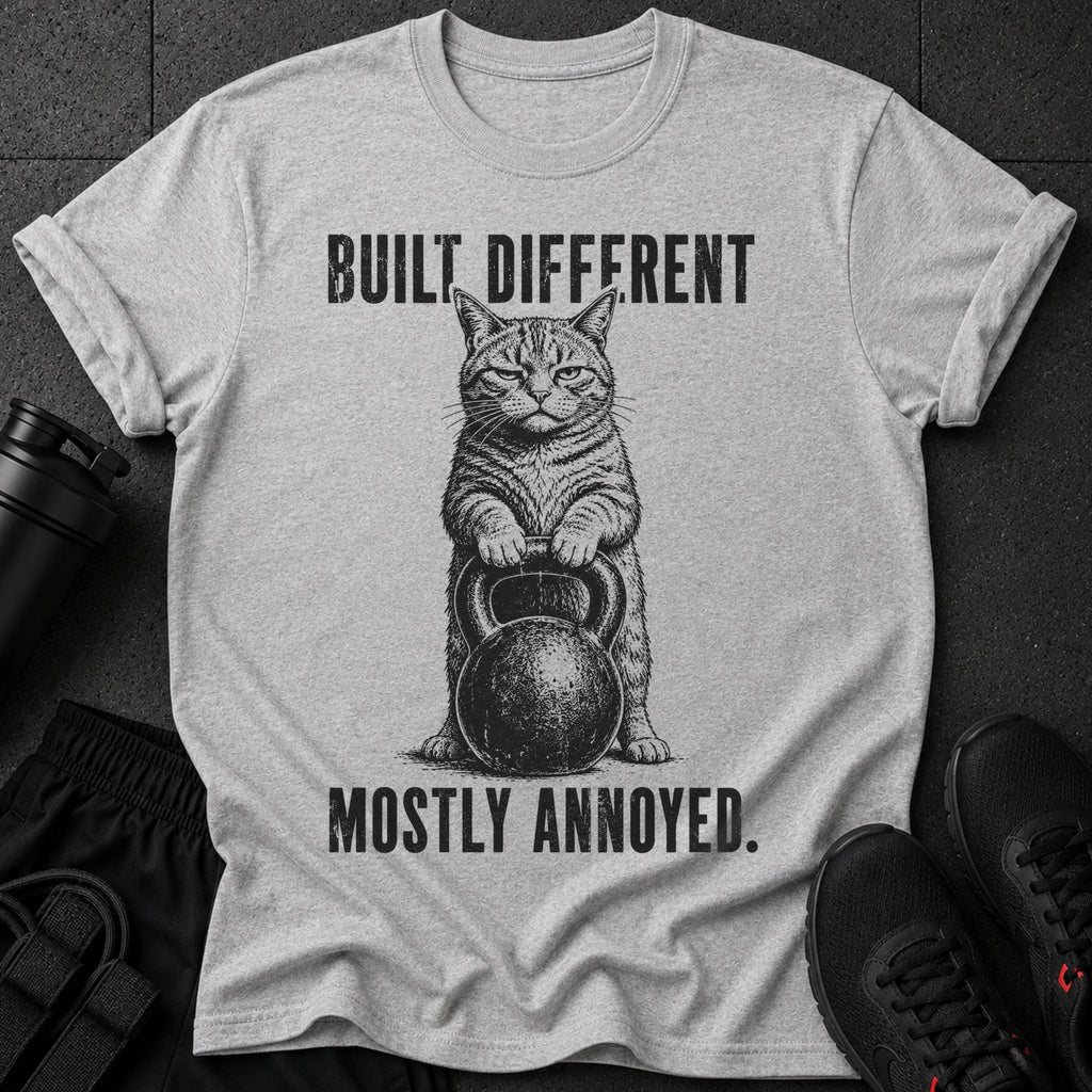Gray t-shirt with a cat holding a kettlebell and text "BUILT DIFFERENT MOSTLY ANNOYED."
