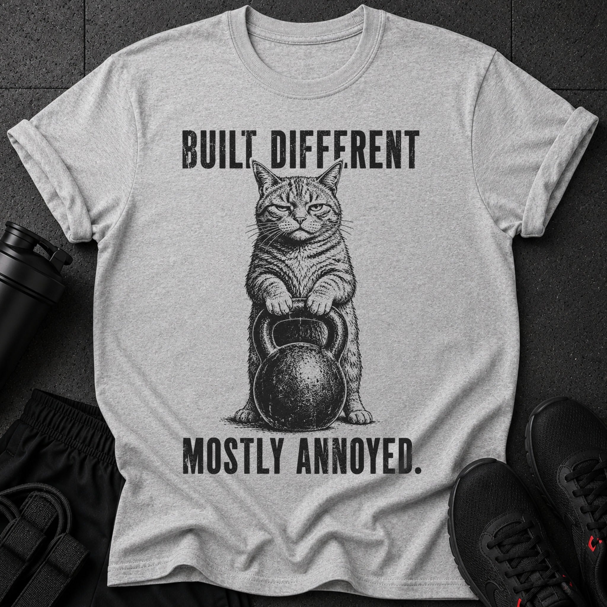 Gray t-shirt with a cat holding a kettlebell and text "BUILT DIFFERENT MOSTLY ANNOYED."
