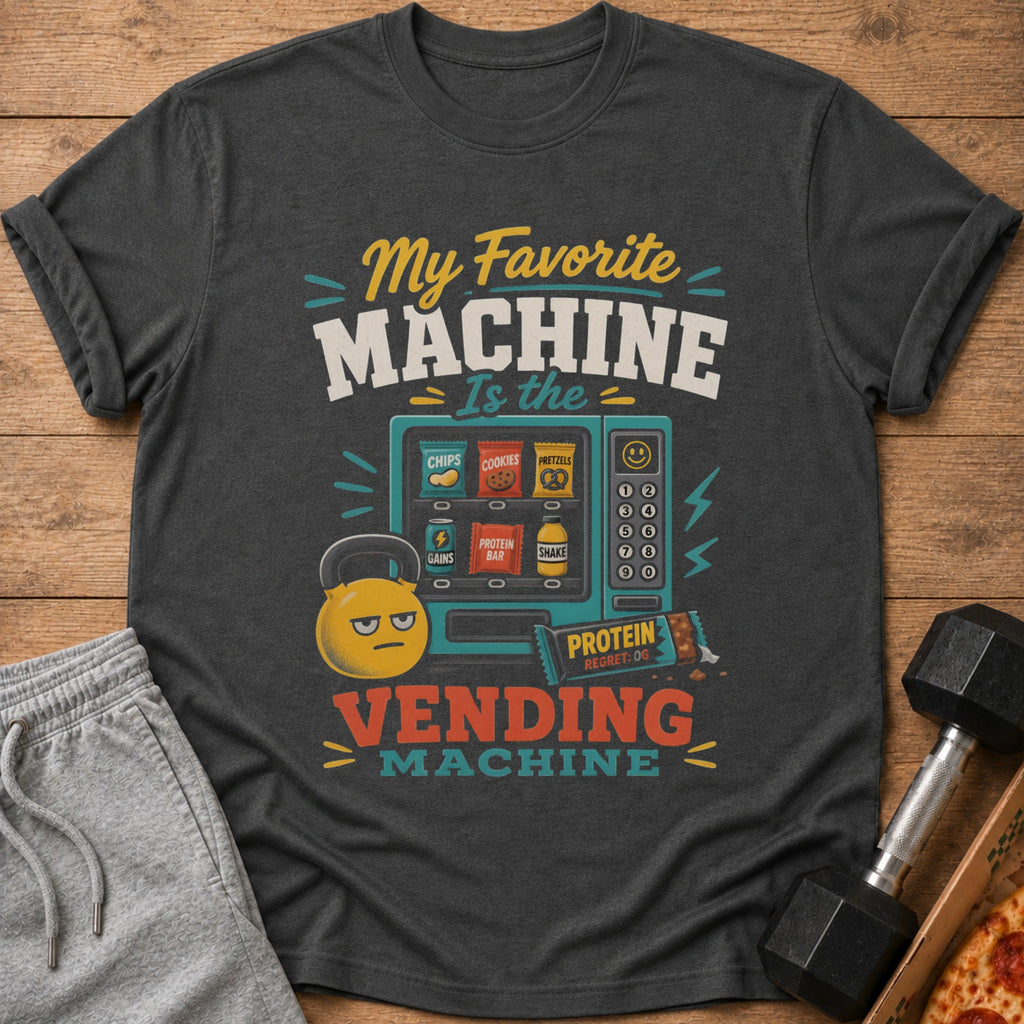 T-shirt graphic: "My Favorite Machine Is the Vending Machine" with snacks.
