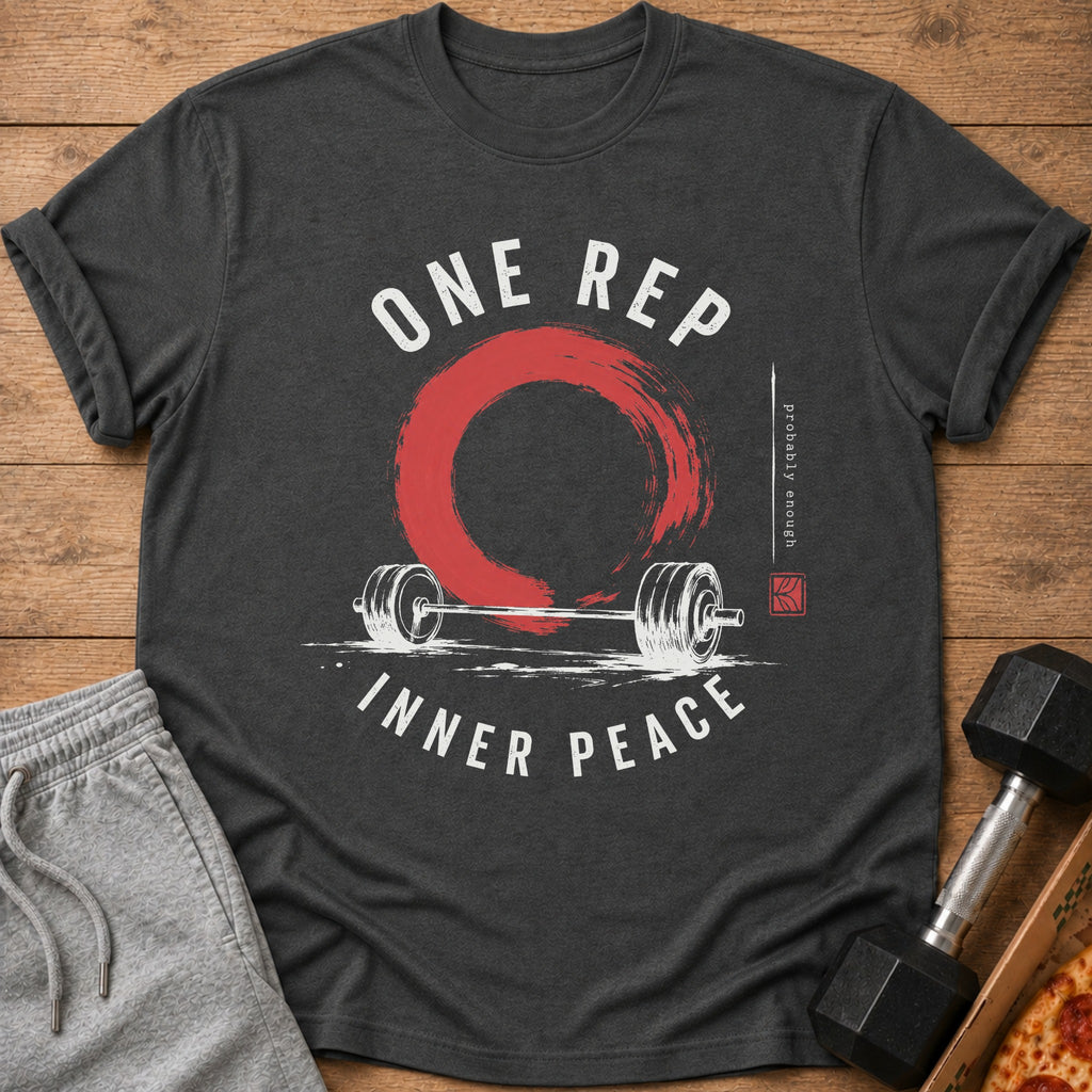 Dark grey t-shirt with "ONE REP INNER PEACE" text, barbell, and red circle design.