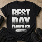 Black t-shirt with "REST DAY EARNED-ISH" and a rolled-up mat graphic.