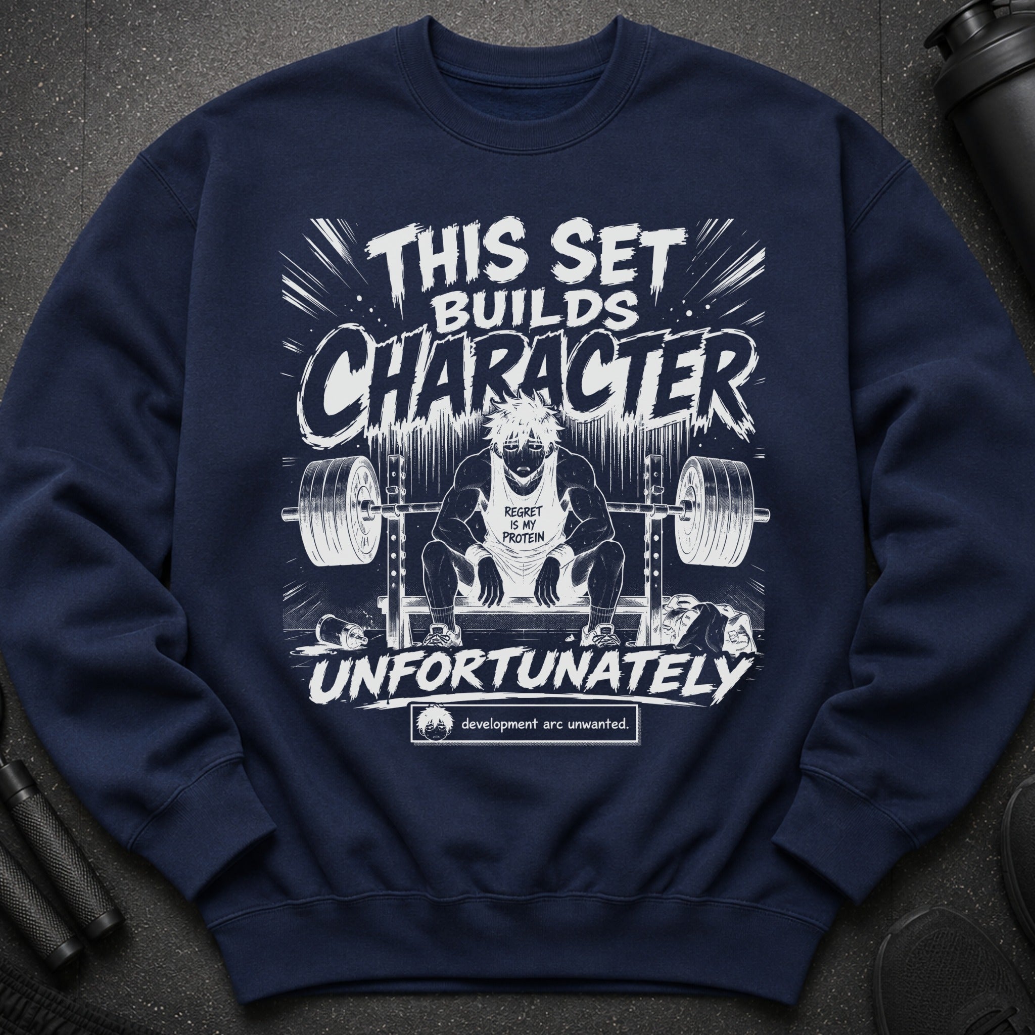 Navy sweatshirt with graphic "THIS SET BUILDS CHARACTER UNFORTUNATELY" and gym illustration.