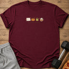 Maroon t-shirt with pillow, pumpkin, kettlebell, and coffee graphics and "rest day season" text.