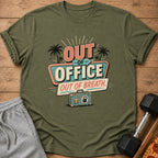 Olive t-shirt with "Out of Office, Out of Breath" text and suitcase graphic.
