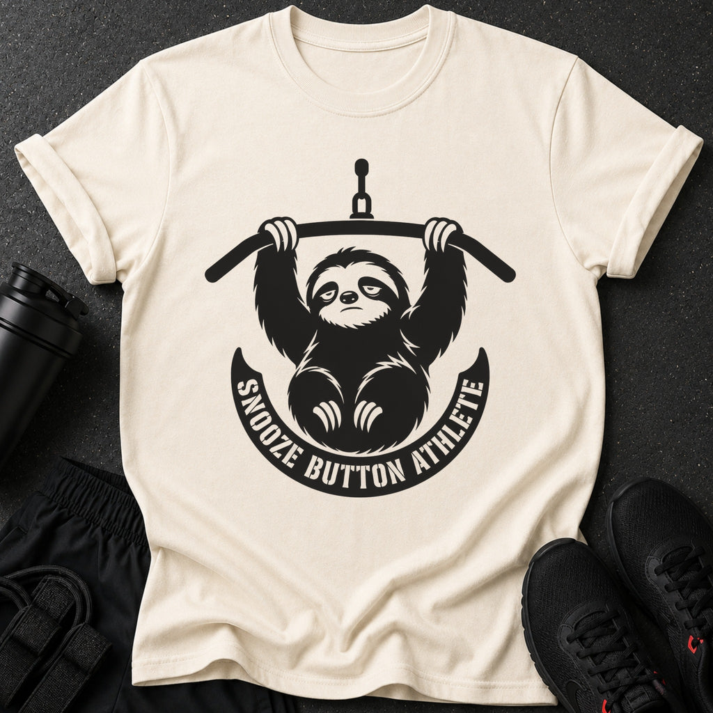 Cream t-shirt with a black graphic of a sloth hanging from a bar, with text "SNOOZE BUTTON ATHLETE".