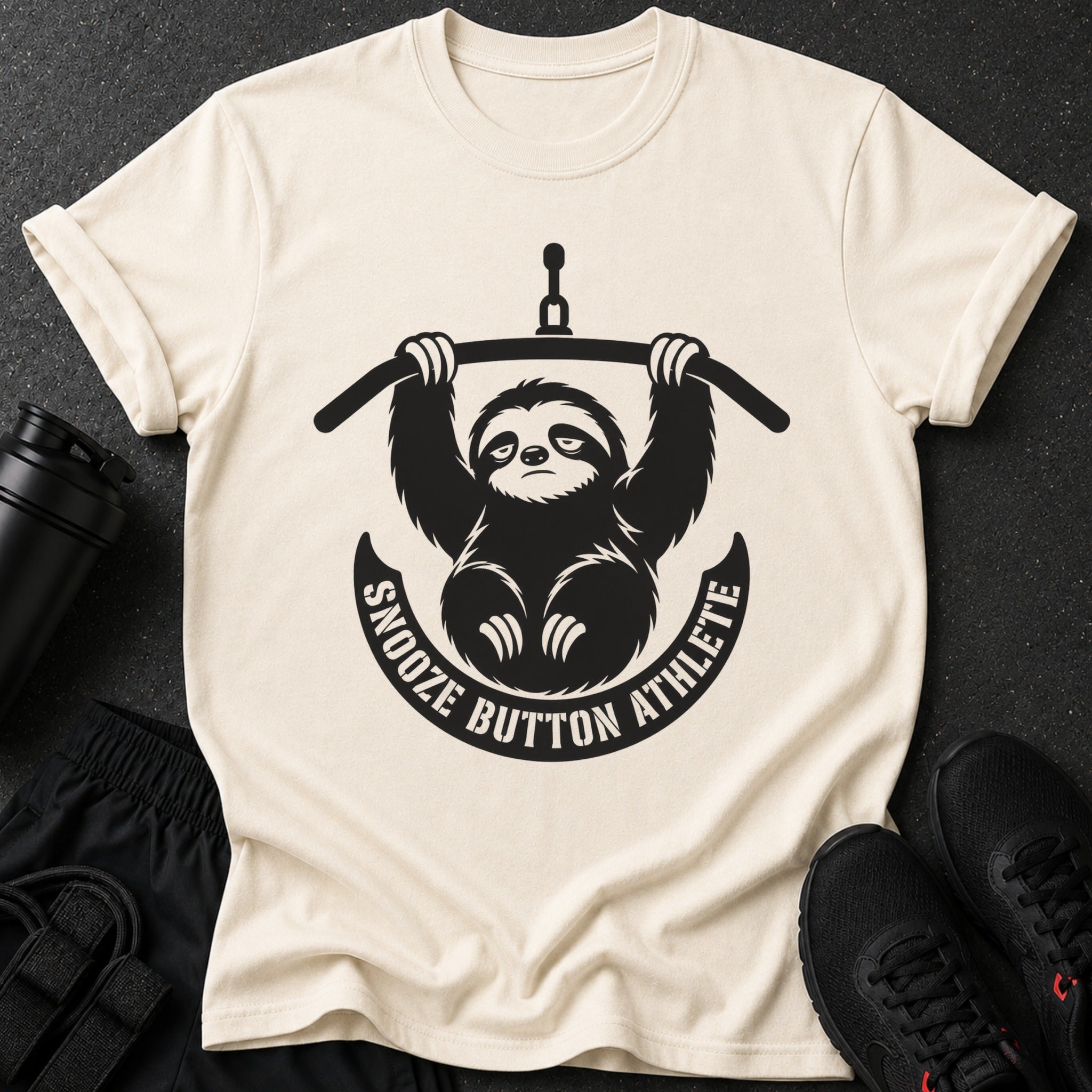 Cream t-shirt with a black graphic of a sloth hanging from a bar, with text "SNOOZE BUTTON ATHLETE".