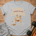 Gray t-shirt with "Cardio? I Thought You Said Carbs" text and man eating pizza.